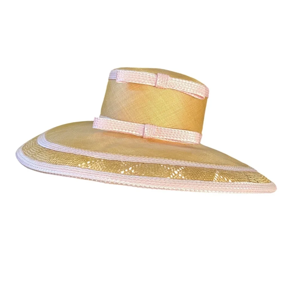 Oscar de la Renta Straw Wide-Brim Hat in Yellow with Pink Trim